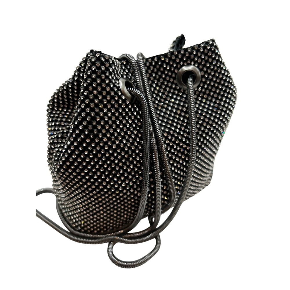 Badgley‎ Mischka Rhinestone Bucket Bag Silver Crystal Drawstring Evening Purse - Picture 6 of 9